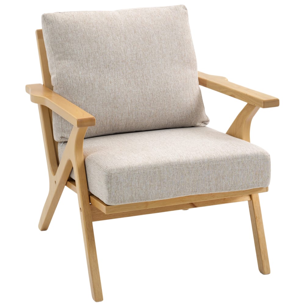 Fauteuil salon pieds en bois d'hévéa en tissu effet lin beige Fauteuil salon pieds en bois d'hévéa en tissu effet lin beige