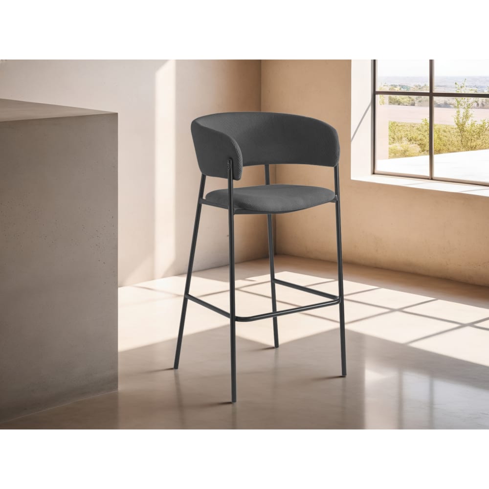Lot de 2 tabourets de bar en velours côtelé, pieds noirs - gris foncé