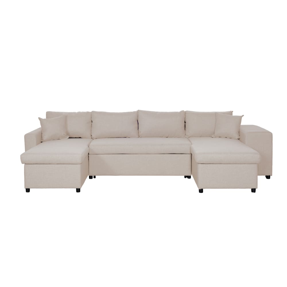 Canapé d'angle panoramique avec poufs en tissu - Beige
