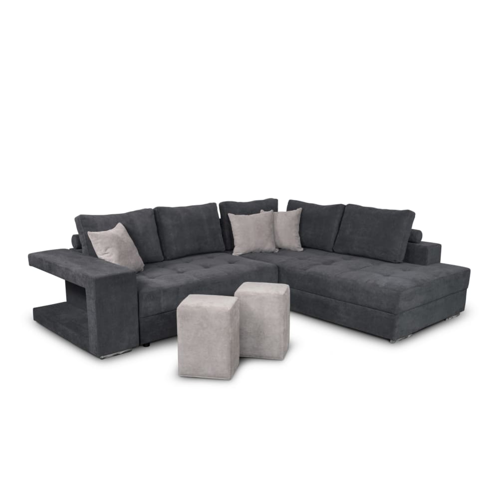 Canapé d'angle droit convertible avec 2 poufs en tissu - Gris