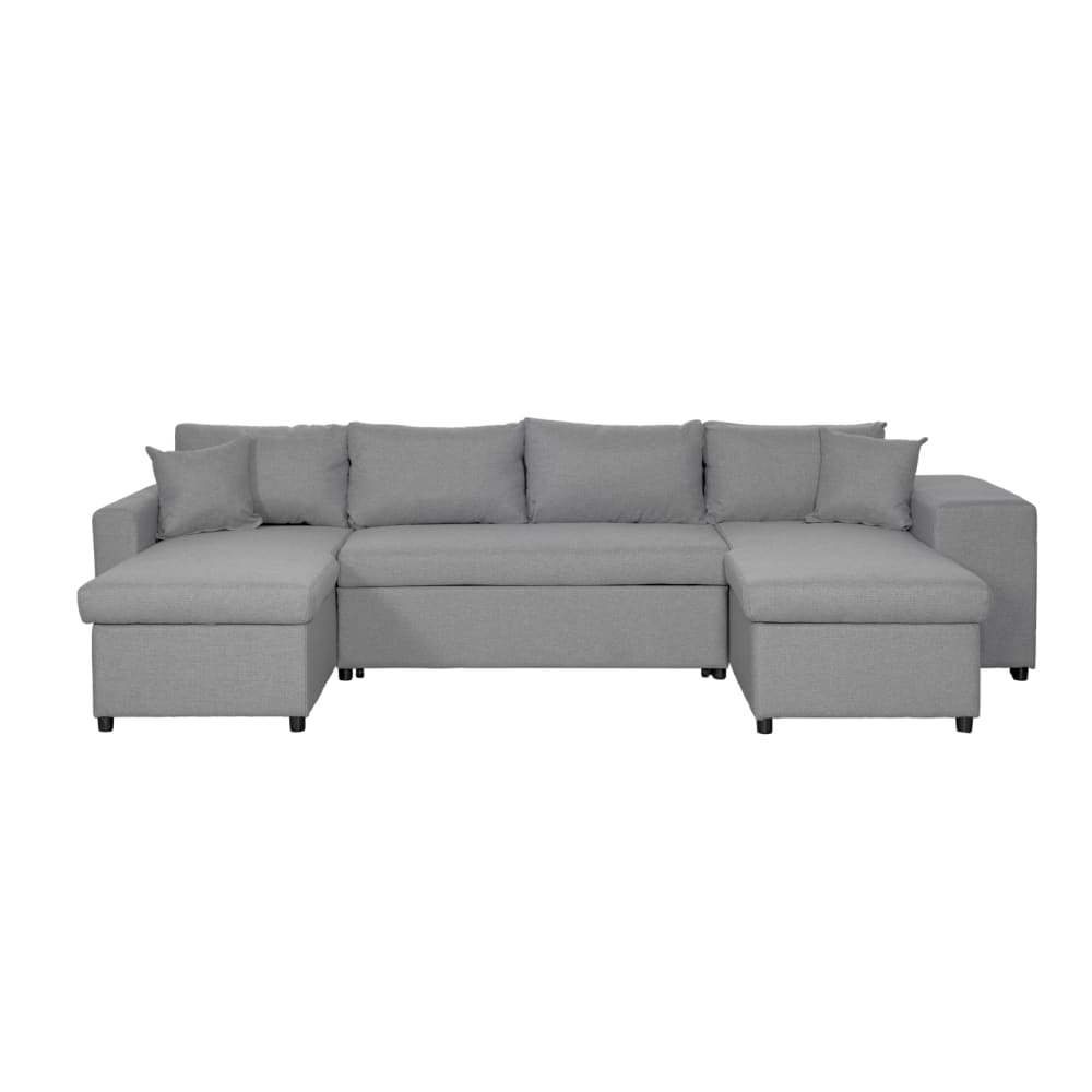 Canapé d'angle panoramique avec poufs en tissu - Gris clair