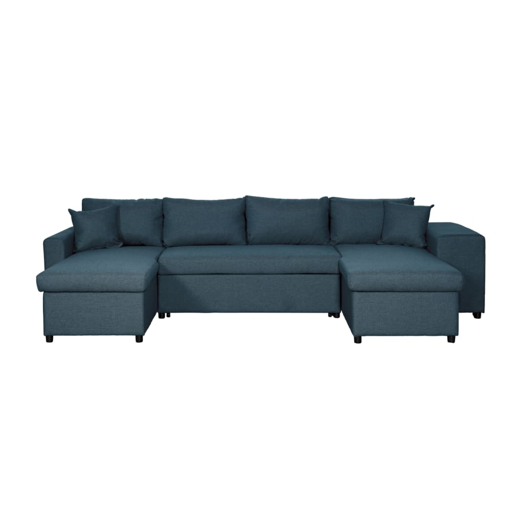 Canapé d'angle panoramique avec poufs en tissu - Bleu pétrole