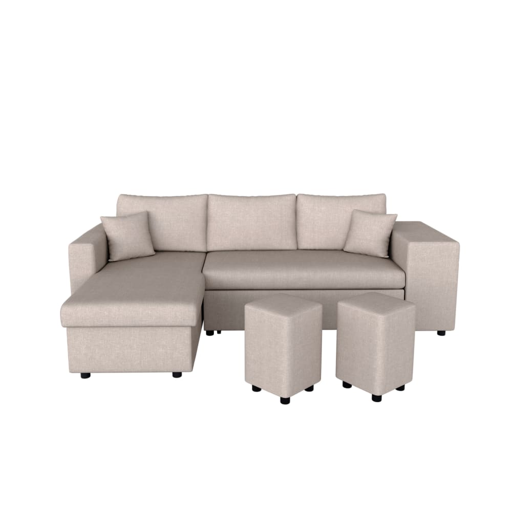 Canapé d'angle convertible avec coffre et poufs en tissu - Beige