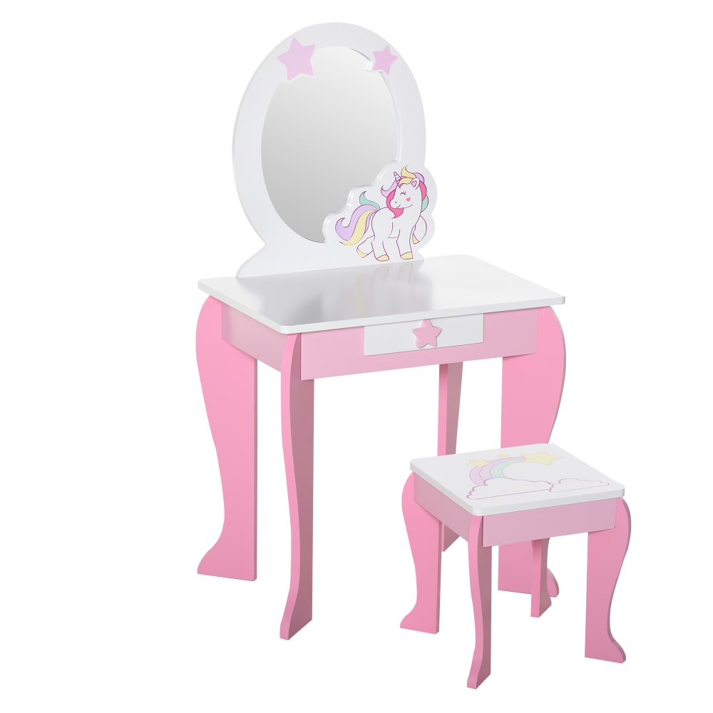 Coiffeuse enfant et tabouret design licorne tiroir miroir rose blanc