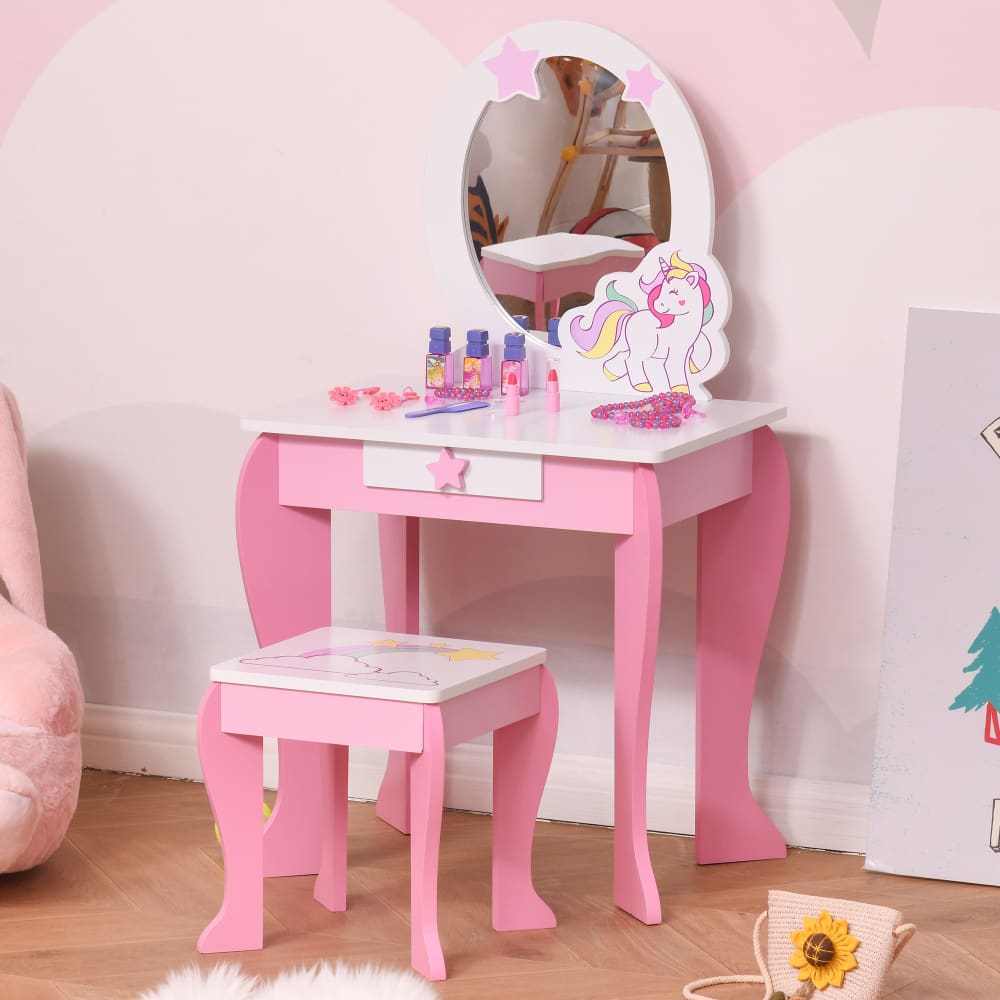 Kinderschminkkommode & Einhornhocker mit Spiegel, rosa-weiß -