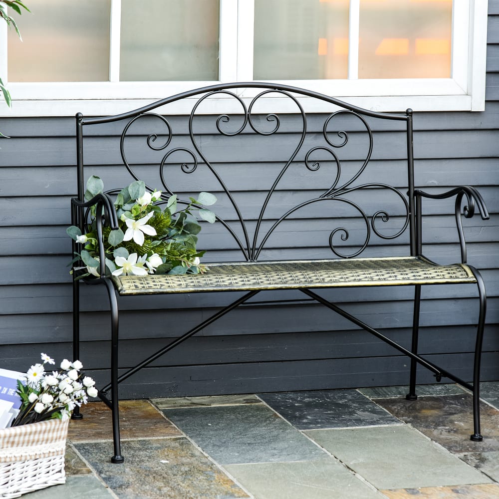 Banc de jardin 2 places style néo-rétro métal noir doré effet vieilli