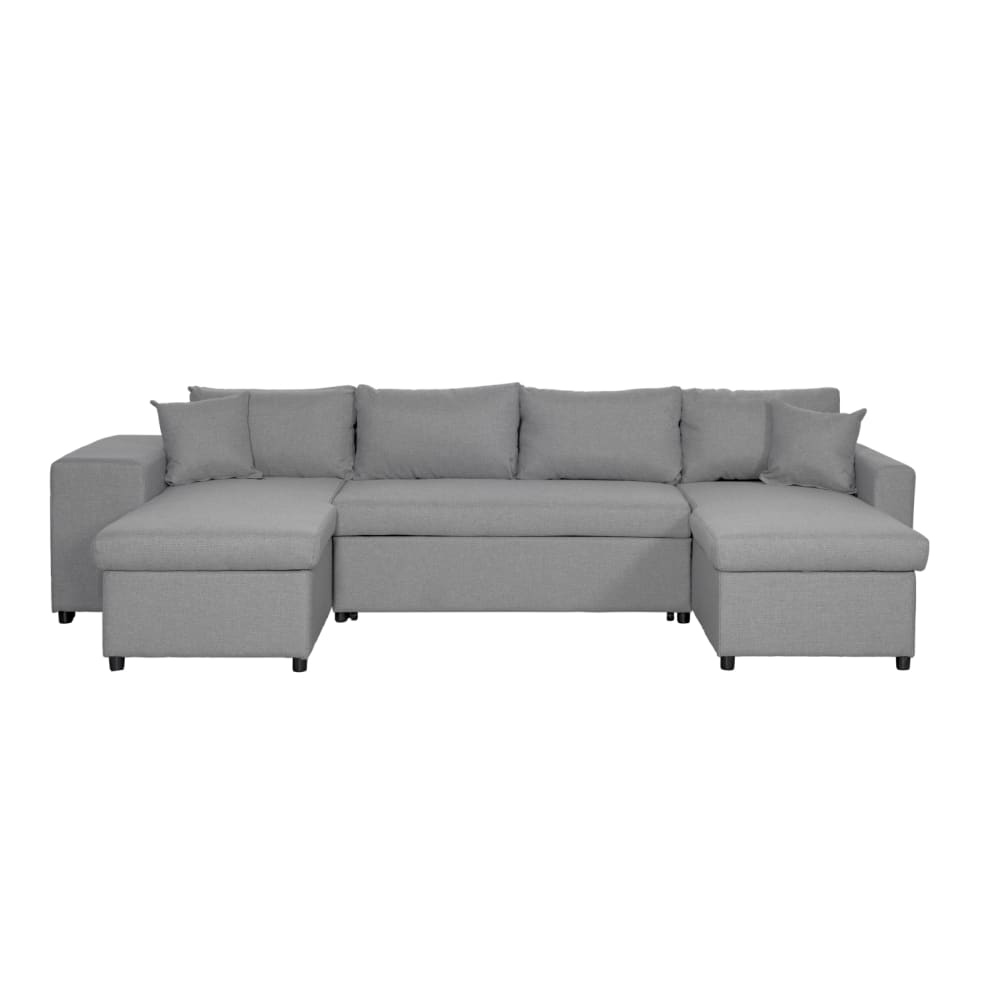 Canapé d'angle panoramique avec poufs en tissu - Gris clair