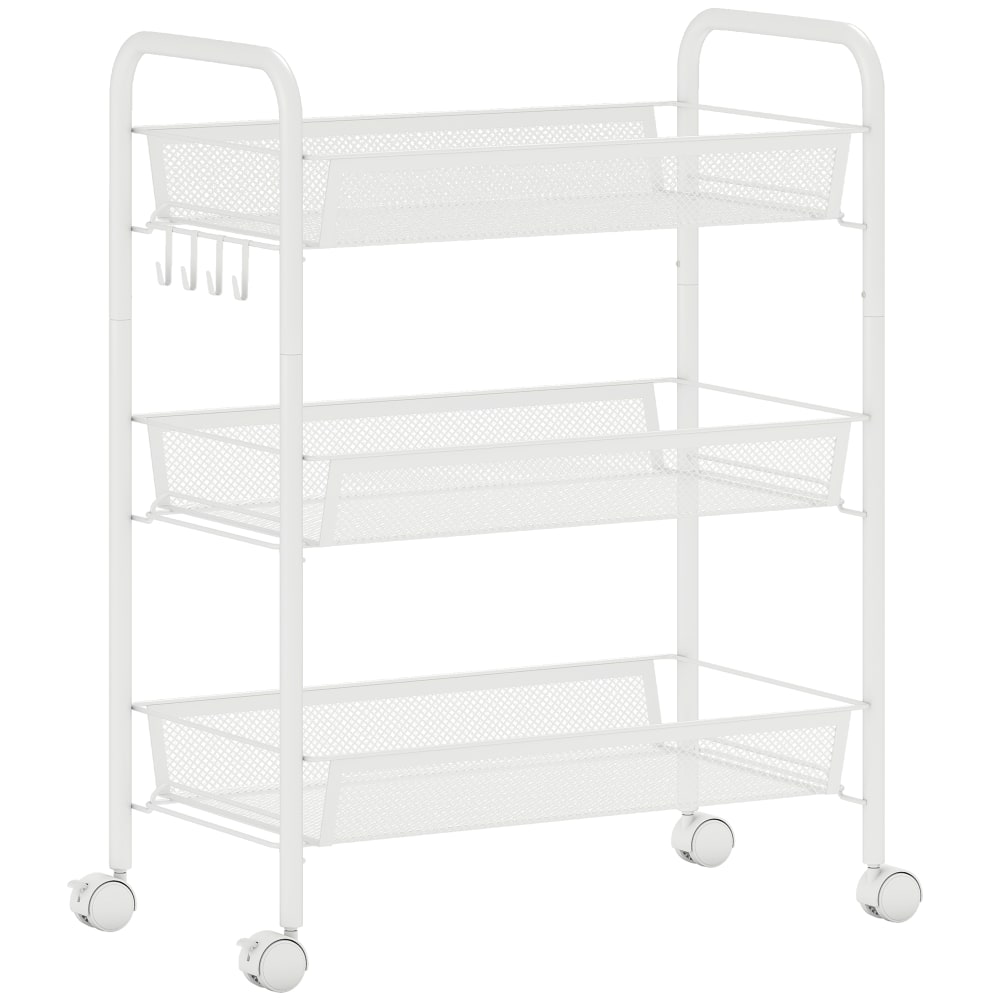 Chariot de rangement 3 niveaux avec paniers métal blanc Chariot de rangement 3 niveaux avec paniers métal blanc