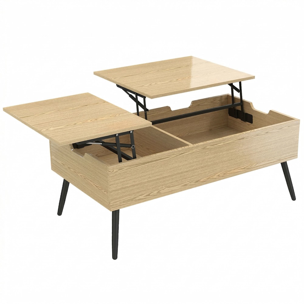 Table basse relevable double plateau compartiment caché métal naturel Table basse relevable double plateau compartiment caché métal naturel