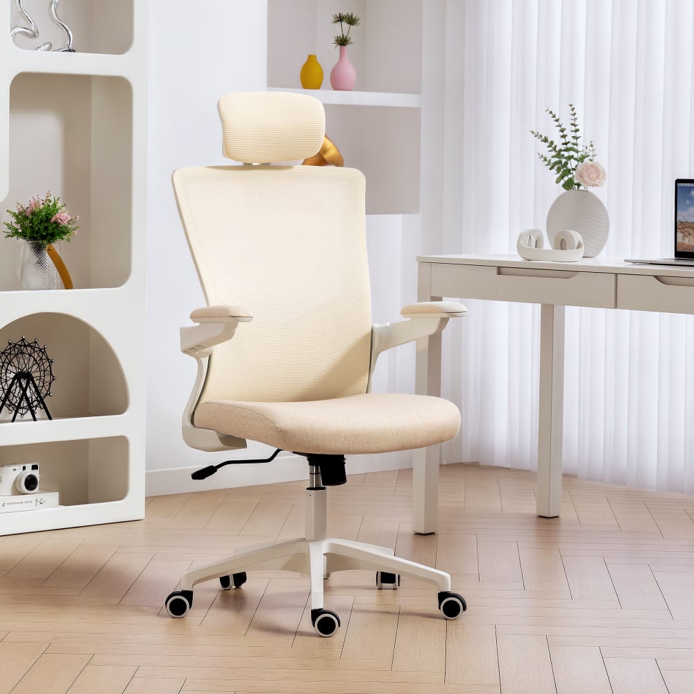 Bürostuhl, Klapp-Armlehnen, Lendenstütze, Mesh, Beige - Maisons