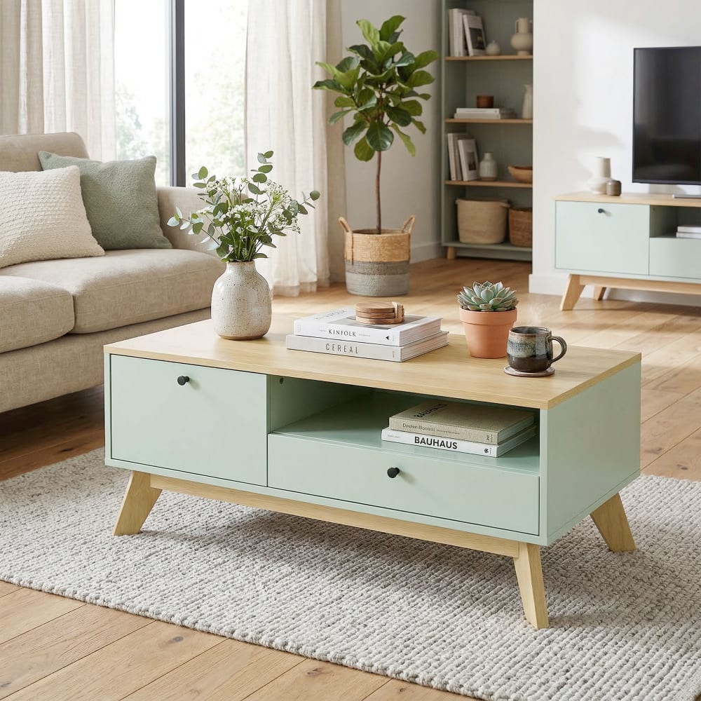 Couchtisch mit Schublade & Fach, MDF, Grün & Eiche - Maisons Du
