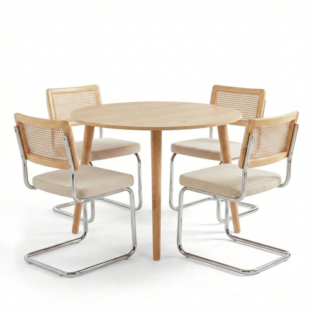 Ensemble repas table + 4 chaises ella velours côtelé écru bois — Beyit