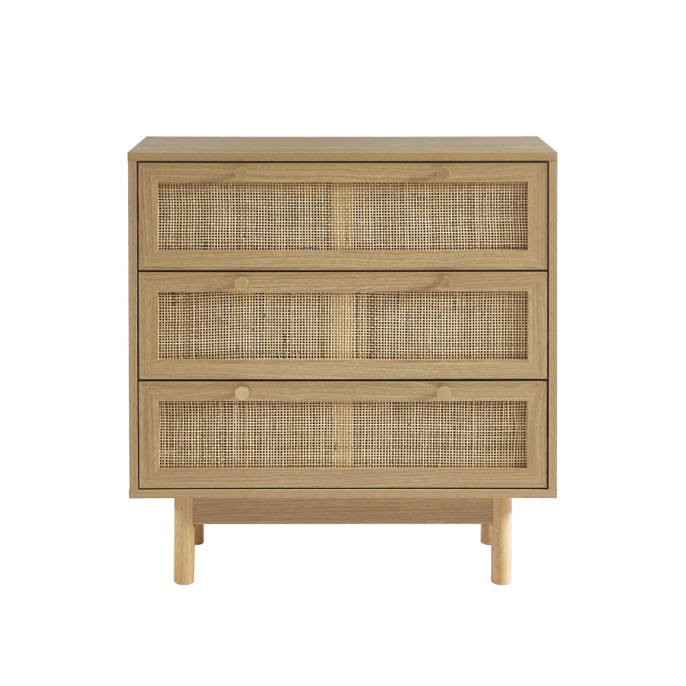 Commode  effet chêne et cannage rotin 3 tiroirs