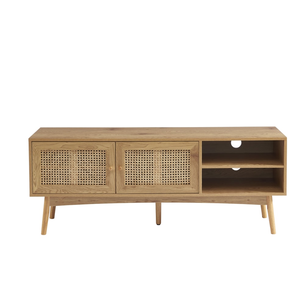 Meuble tv  effet chêne et cannage rotin 140cm