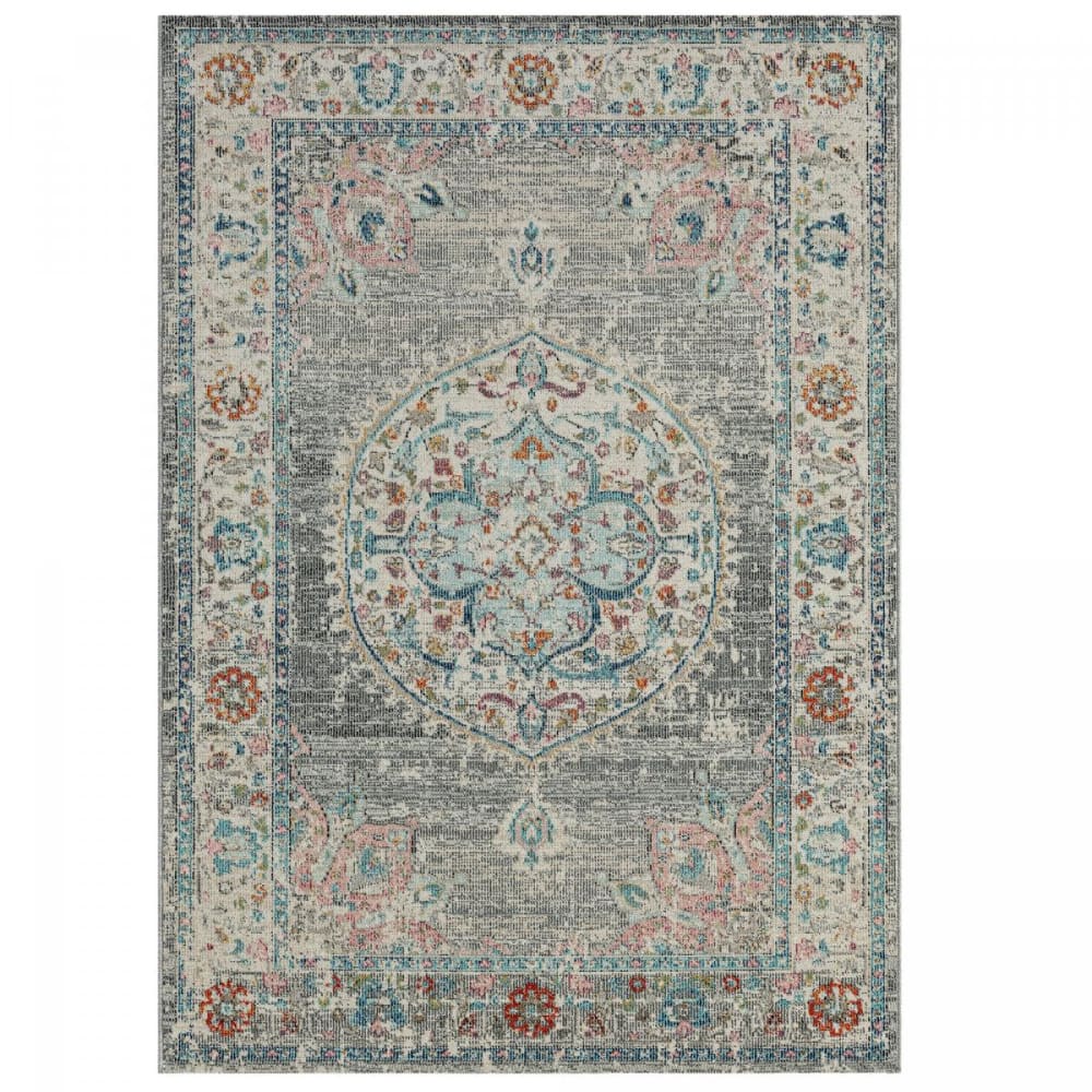 Tapis extérieur kilim pour terrasse et jardin gris et bleu 160x230