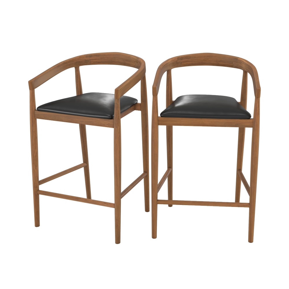 Lot de 2 chaises de bar 77 cm en teck vernis et assise en cuir noir