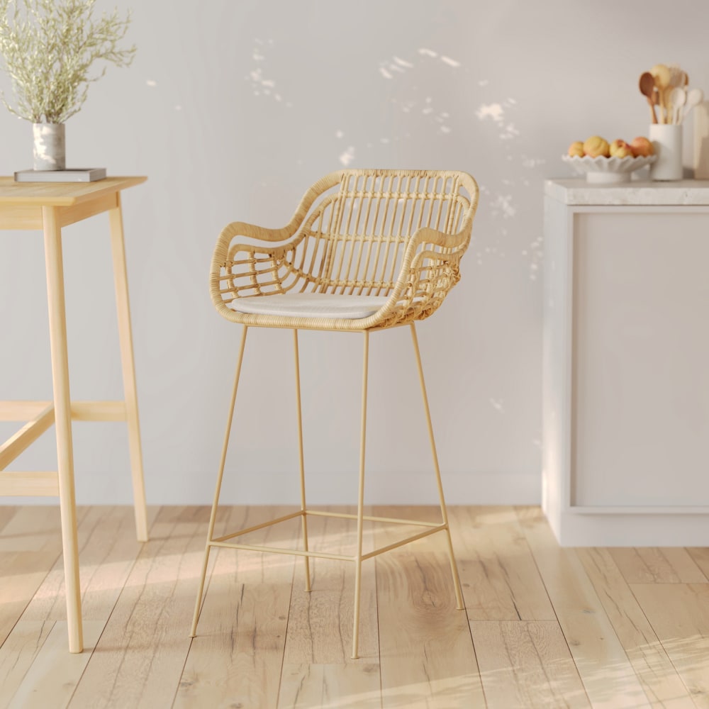 Chaise de bar en rotin, coussin en tissu et pieds en métal beige 71 cm