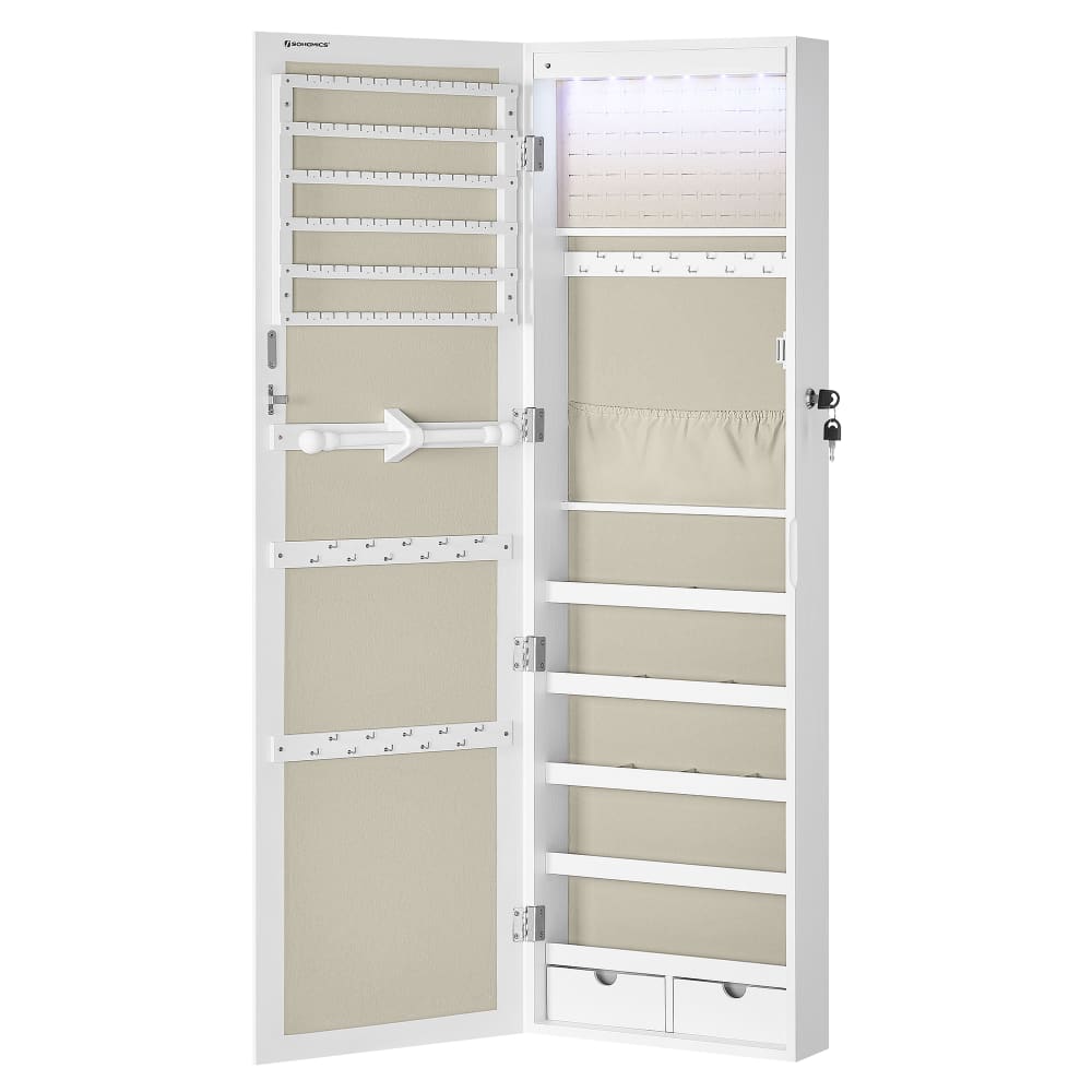 Armoire à bijoux avec miroir effet bois blanc et doublure grège
