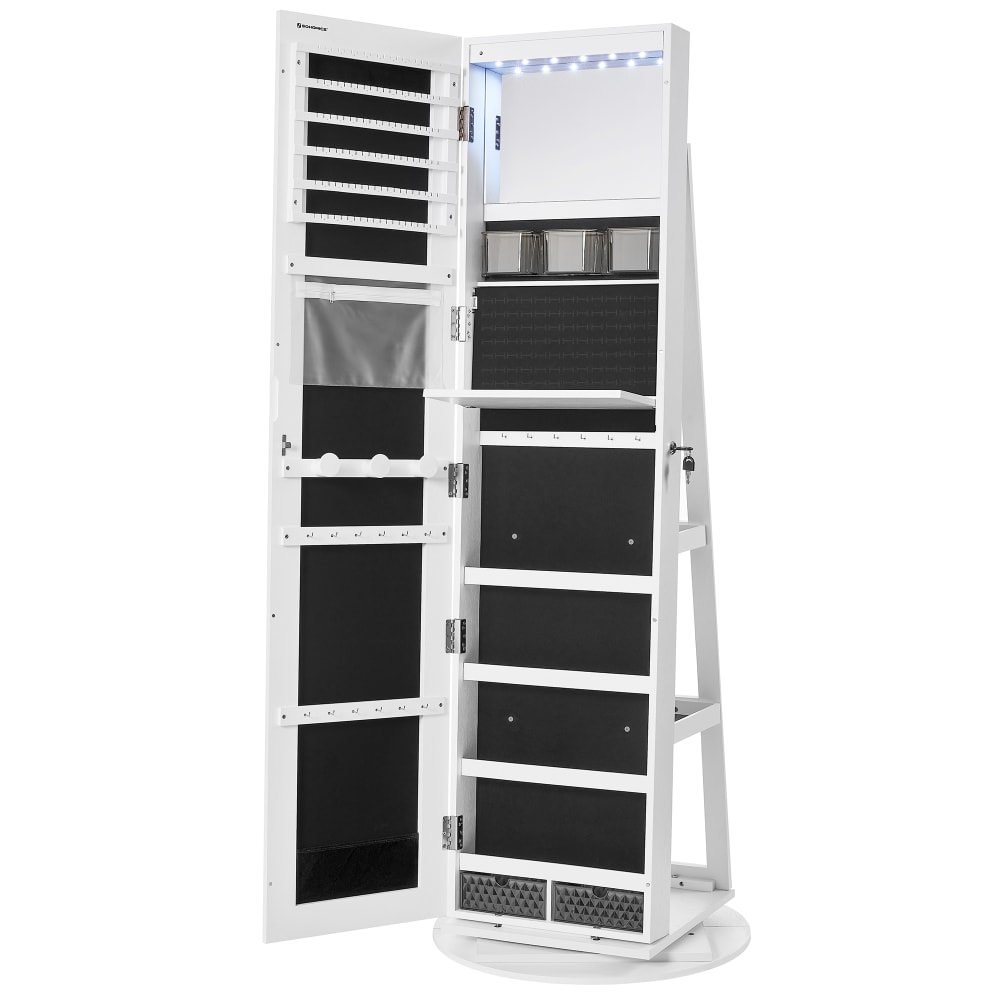 Armoire à bijoux avec miroir sur pieds verrouillable surface en blanc