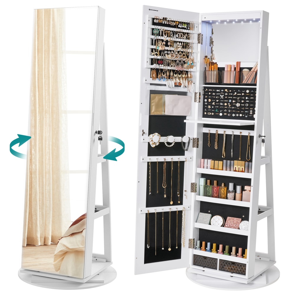 Armoire à bijoux sur pieds miroir psyché sans cadre blanc et noir