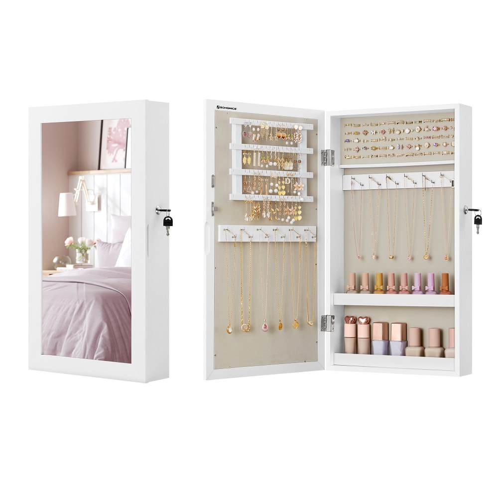Armoire à bijoux murale verrouillable avec miroir blanc