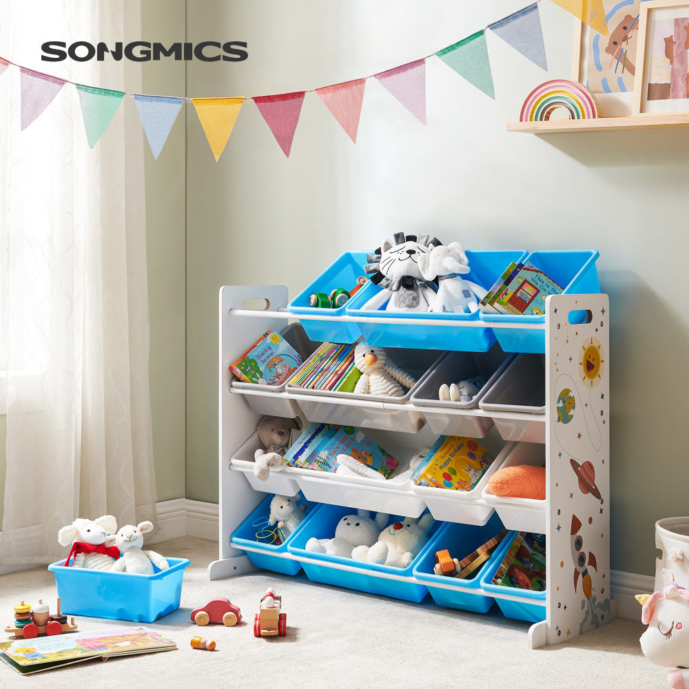 SONGMICS - Meuble de rangement de jouets pour enfant 4 niveaux 16 bacs blanc