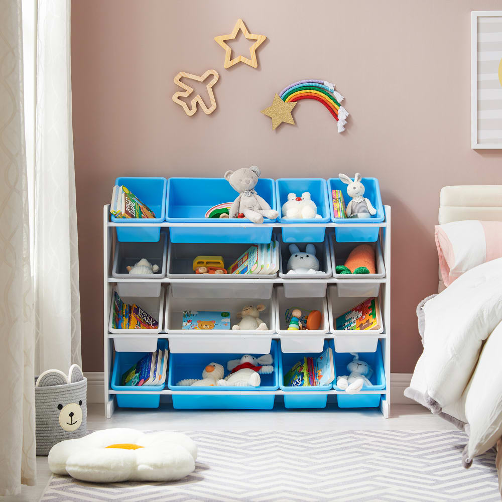 Étagère pour enfant 4 niveaux 16 bacs effet bois blanc bleu gris (SONGMICS) - Image 1