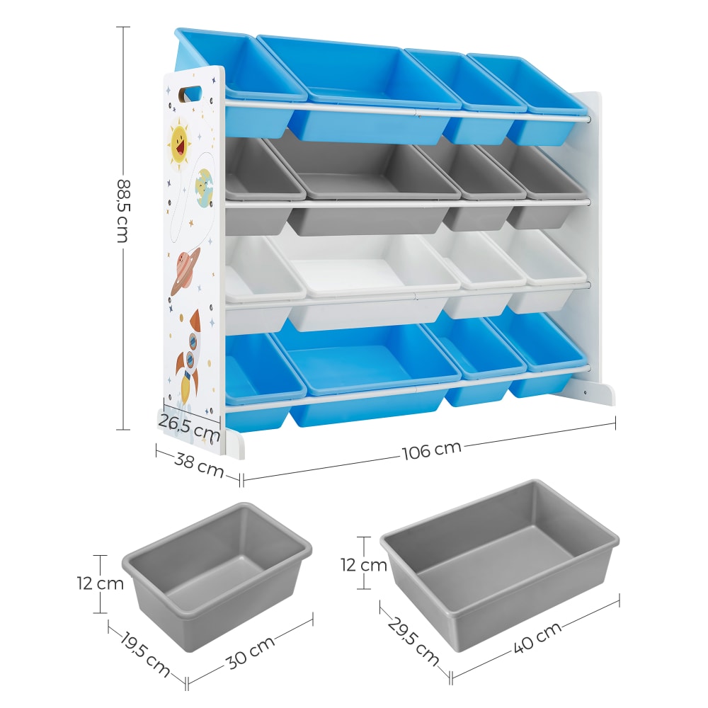Étagère pour enfant 4 niveaux 16 bacs effet bois blanc bleu gris (SONGMICS) - Image 2