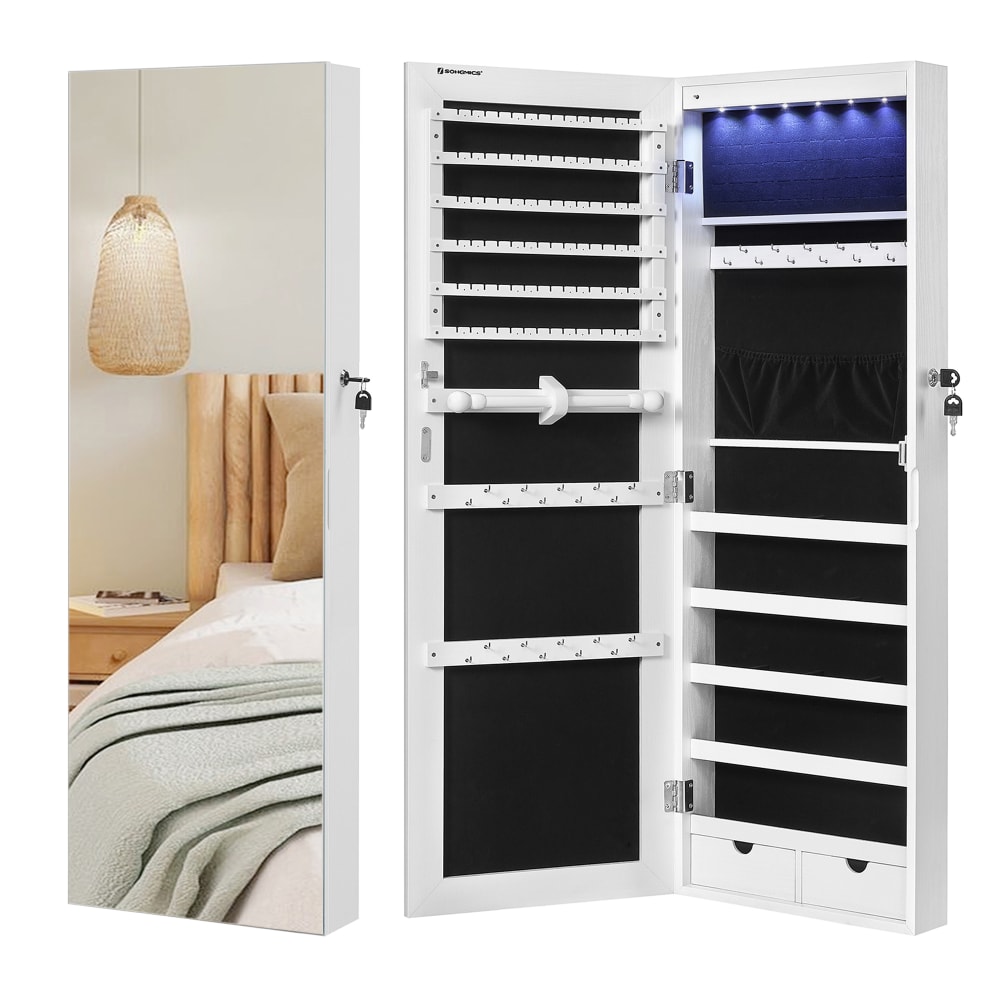 Armoire à bijoux  tiroirs étagères effet bois blanc