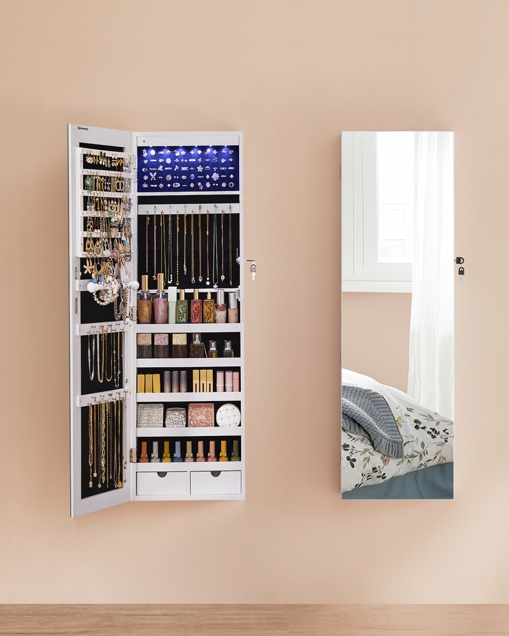 Armoire à bijoux murale avec miroir sans cadre 6 lumières blanc
