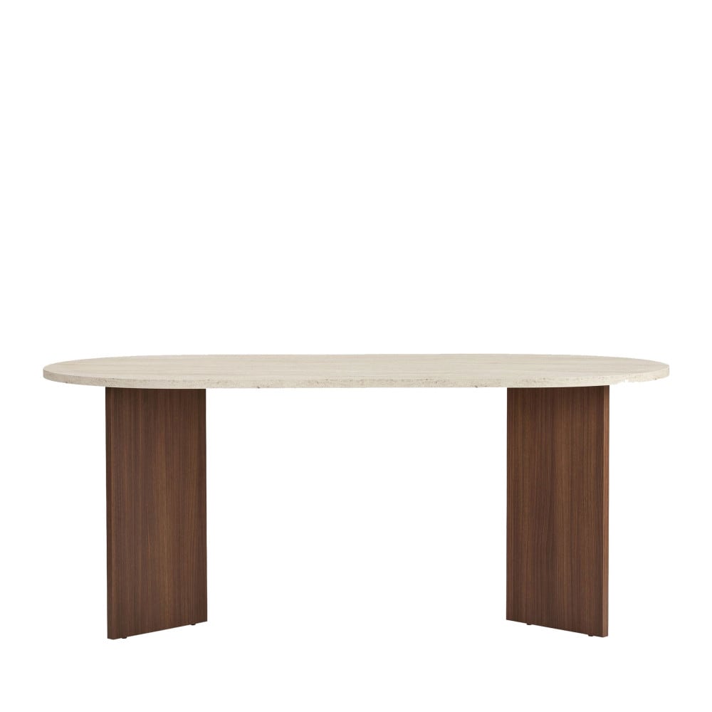 Table à manger 8 personnes ovale en bois et effet travertin - Beige