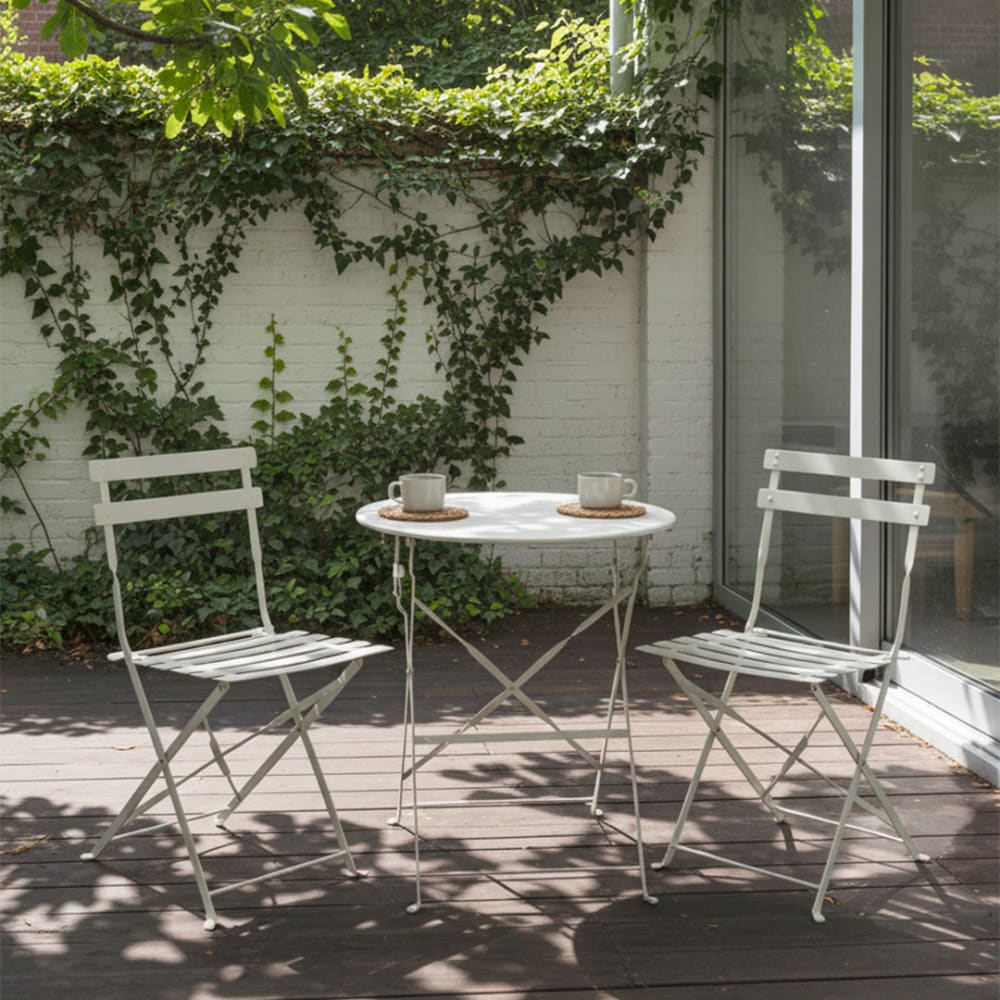 Table de jardin pliante ronde bistrot et 2 chaises en métal - beige