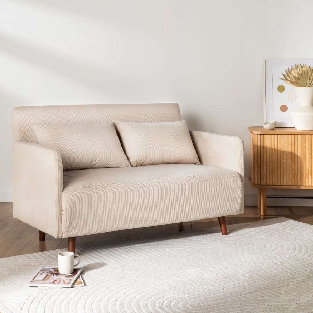 Canapé convertible 2 places en velours côtelé pieds bois foncé - beige