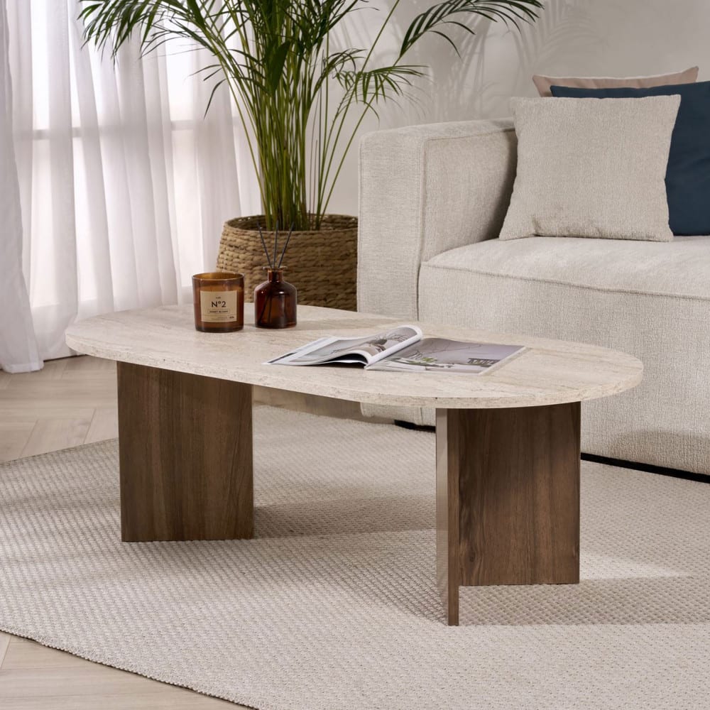 Table basse ovale en bois et effet travertin - beige