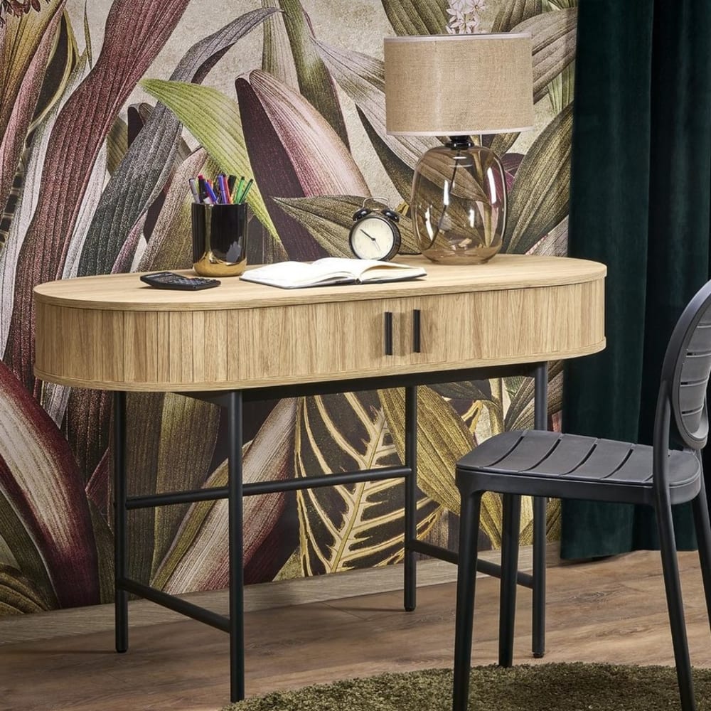 Bureau ovale en bois et acier avec portes coulissante