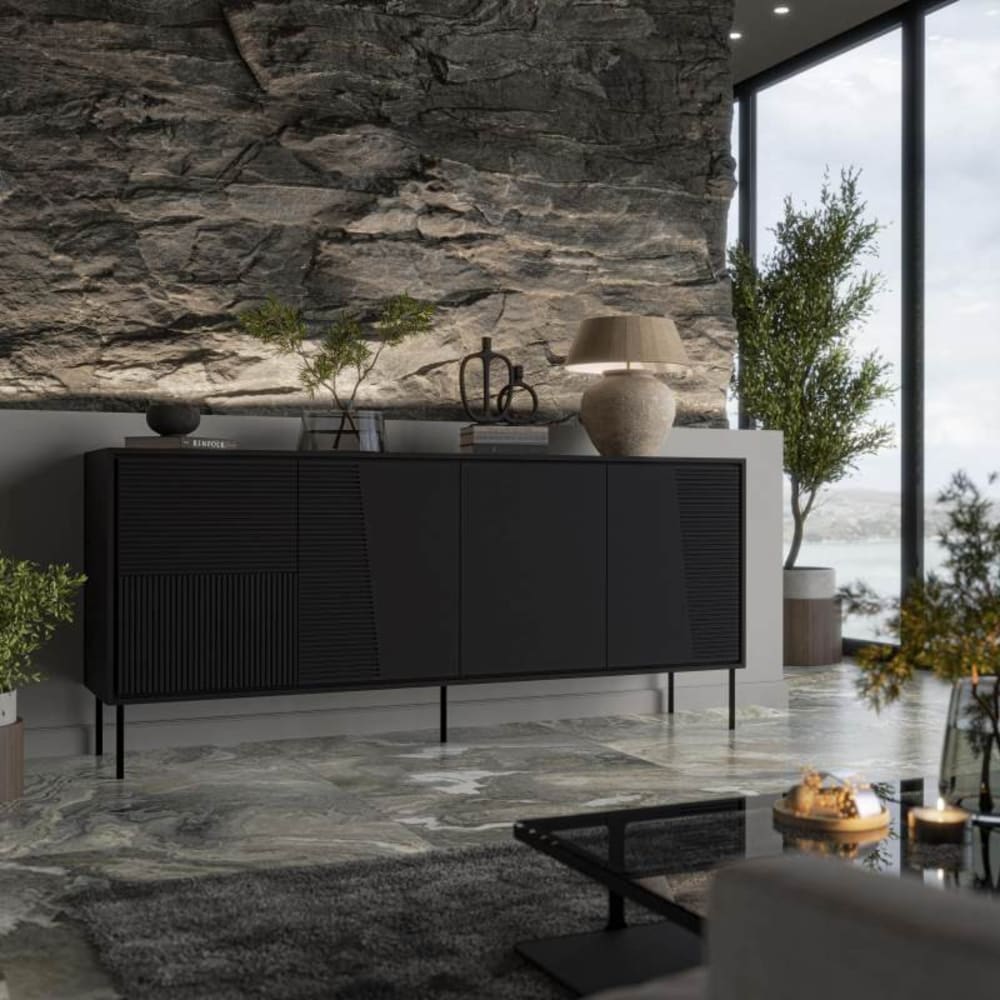 Buffet en bois avec pieds en acier noir design noir mat 200 cm