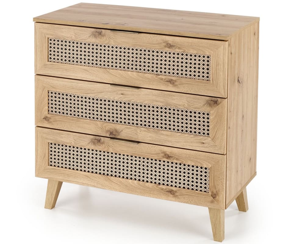 MSO Kommode mit 3 Schubladen in natürlicher Eiche und Rattanoptik style landhaus Braun Holz