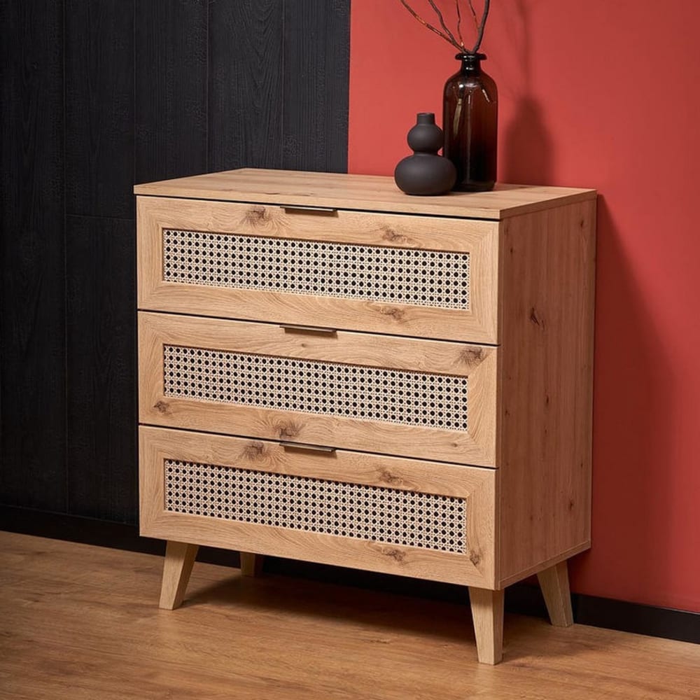 Commode 3 tiroirs aspect chêne naturel et rotin