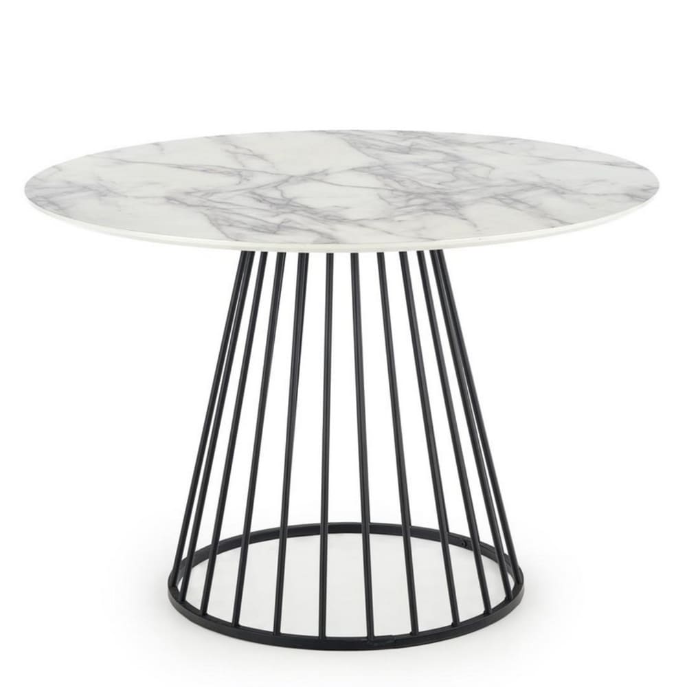 Table ronde avec plateau aspect marbre blanc et pied en acier noir Table ronde avec plateau aspect marbre blanc et pied en acier noir