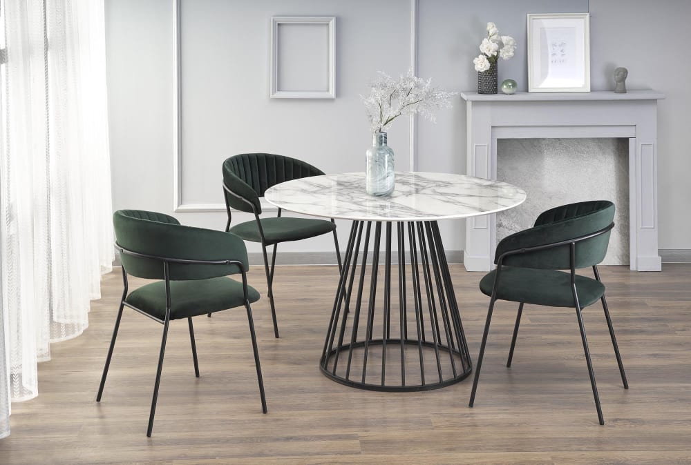 Runder Tisch mit Platte in weißer Marmoroptik und schwarzem