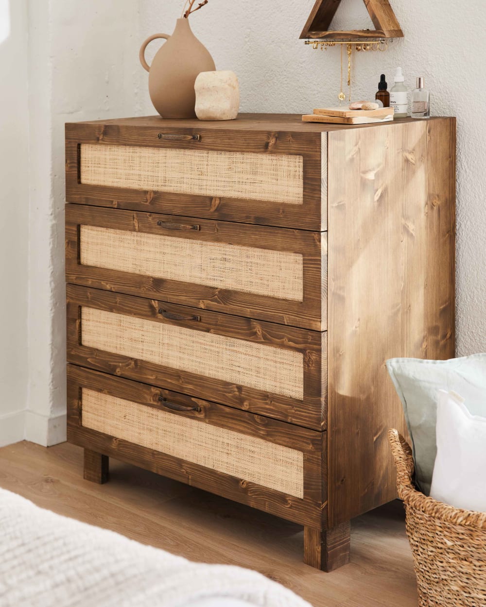 Kommode Tannenholz Massiv Naturfasern Braun 4 Schubladen -