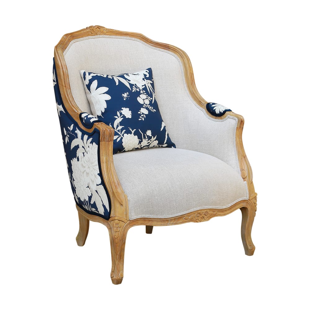 Fauteuil bergère en bois massif à motifs bleu et blanc, à motifs