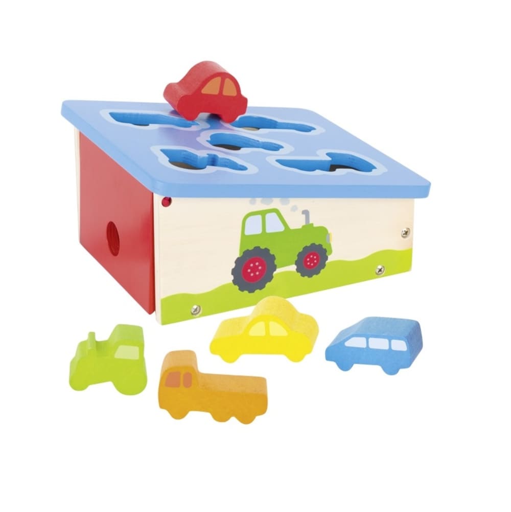 GOKI Wo passt welche Form hinein? Die Sort Box schult die Feinmotorik und Formenerkennung. Sort Box Fahrzeuge von Goki. Blau