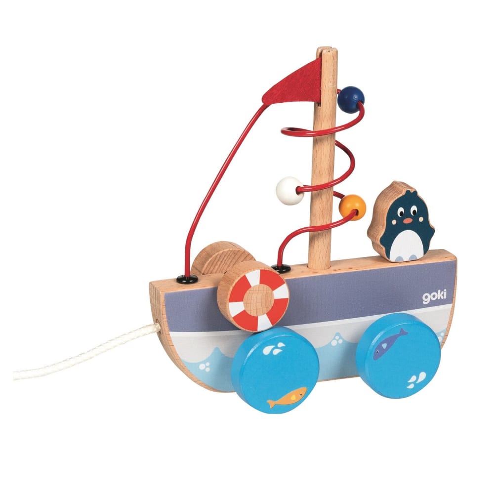 Goki Ziehschiff mit Motorikschleife BLAU HOLZ Baby