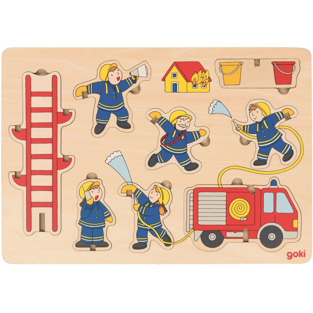 GOKI Ein schönes Holzpuzzle mit 8 Hinter-bildern. Aufstellpuzzle Feuerwehr, puzzle aus Holz von Goki. Ref. 57471. Beige