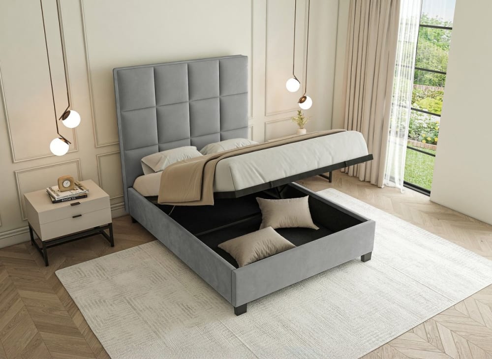 Lit coffre en velours gris design 140 x 190 cm