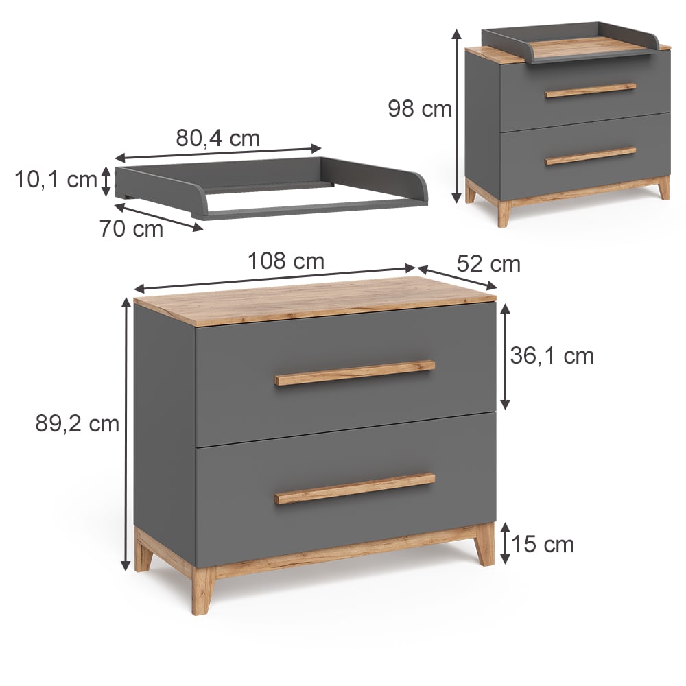 Wickelkommode mit 2 Schubladen Grau/Artisan 108x98cm - Maisons Du