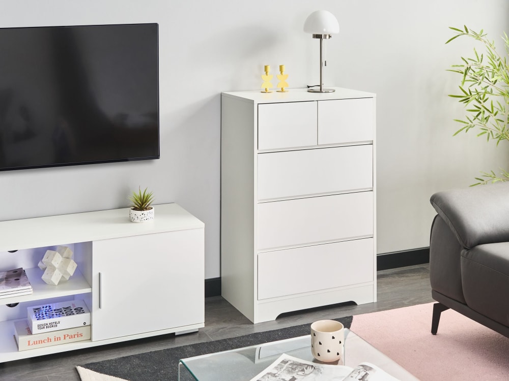 Kommode mit 5 Schubladen aus Holzwerkstoff 94cm, weiß - Maisons