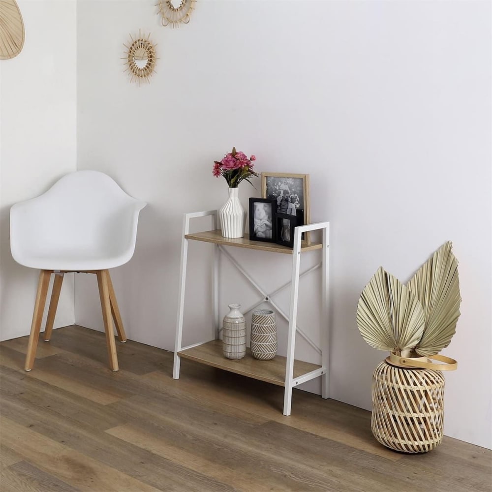 Etagère  à 2 niveaux bois et métal blanc