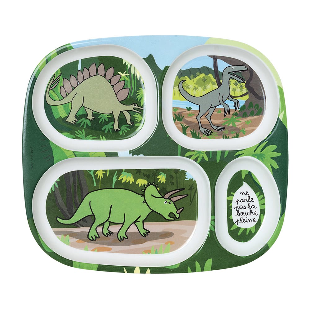 Petit Jour Paris Tellertablett mit Fächern Dinosaurier GRÜN HARZ Kinder